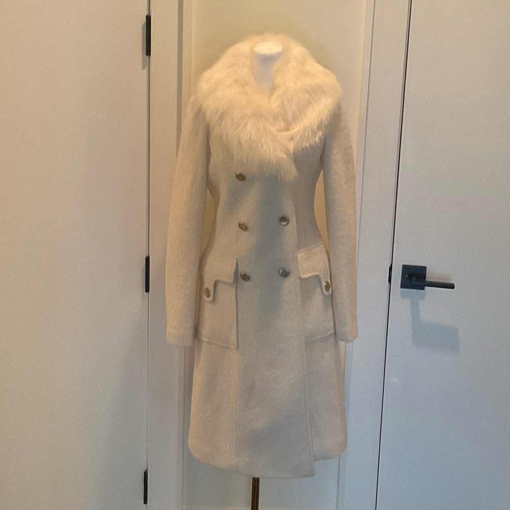 Guess Cream Double-Breasted Pea Coat with Faux Fur